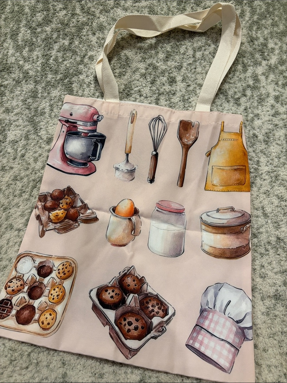 Kitchen Baking Poly Canvas Tote Bag in Light Pink with Cute Baking Print NWT